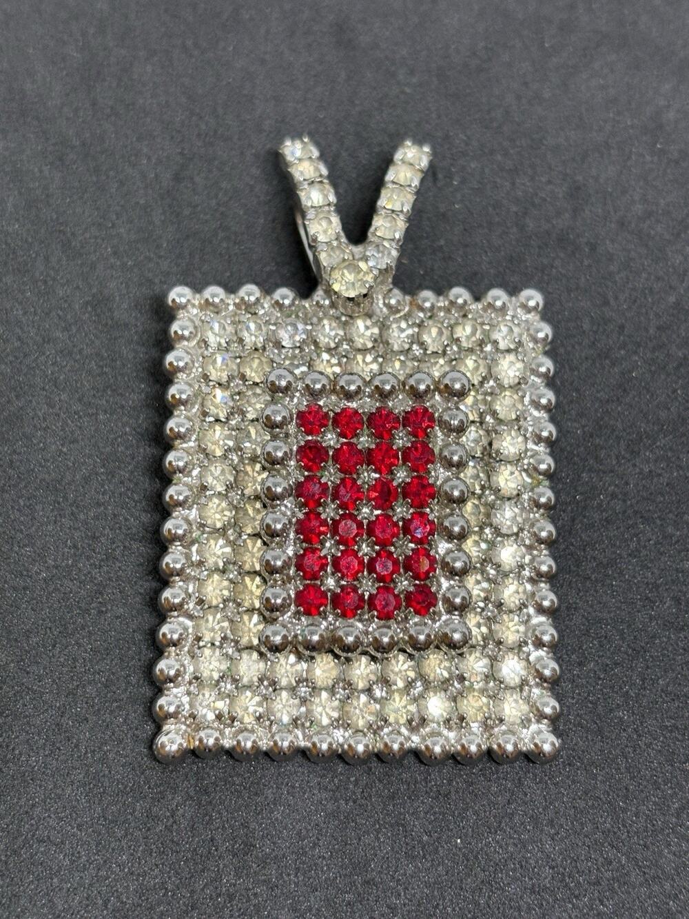 Vintage Hobe Clear & Red Geometric Rectangular Rhinestone Pendant For Necklace